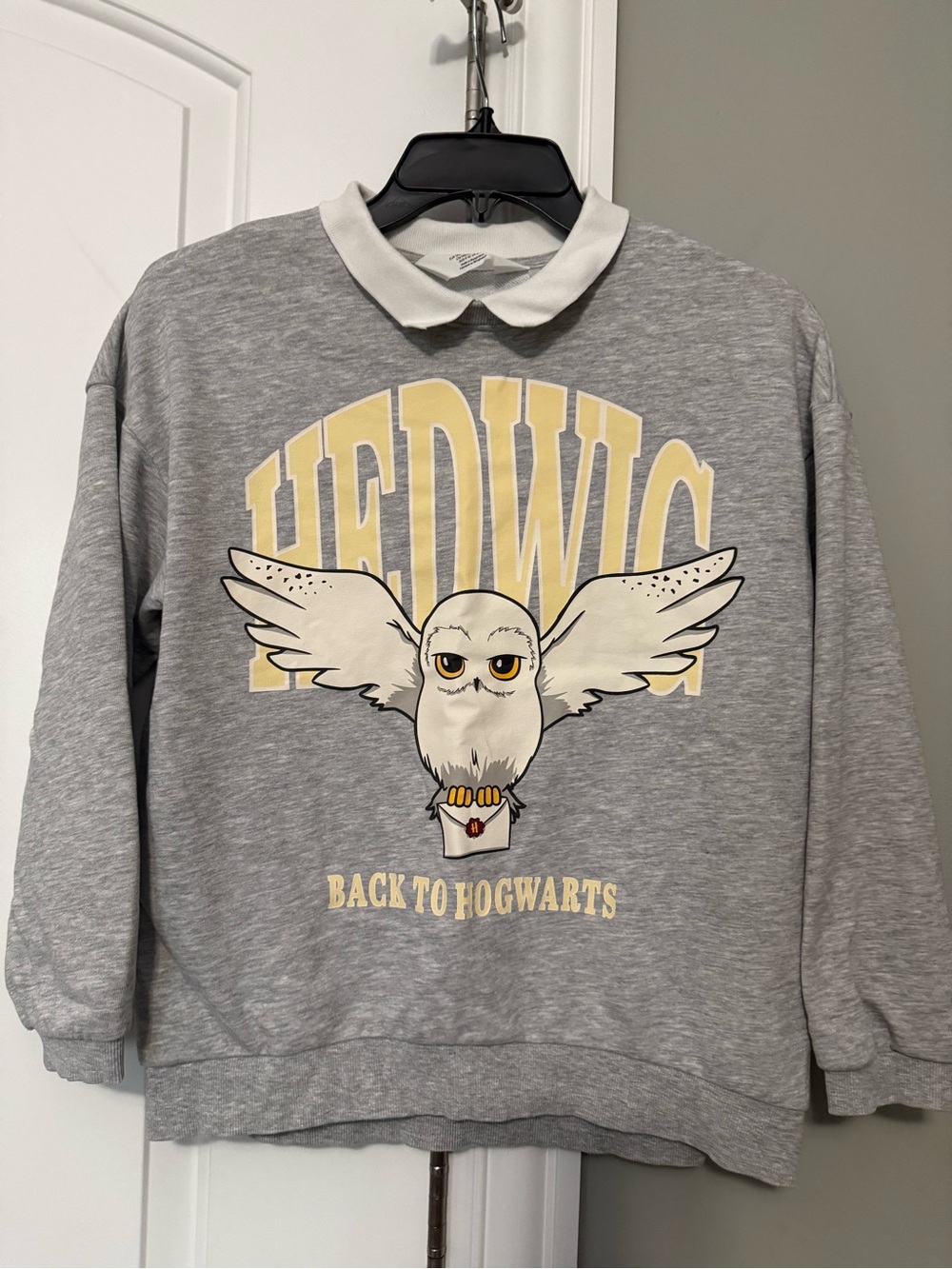 H&M Harry Potter Gray Sweatshirt with White Owl and Pale Yellow Print